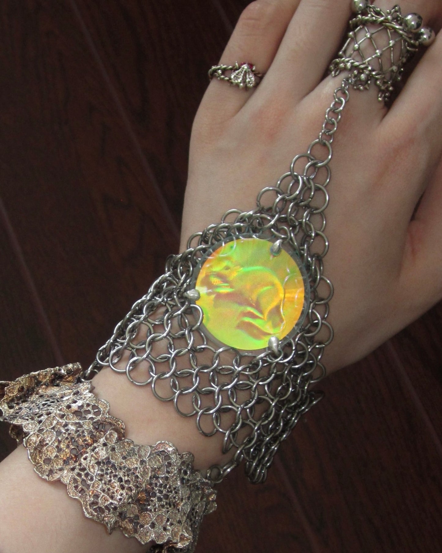Chainmail Hand Harness with 3D Holographic Mouse Cameo and Lace Cuff