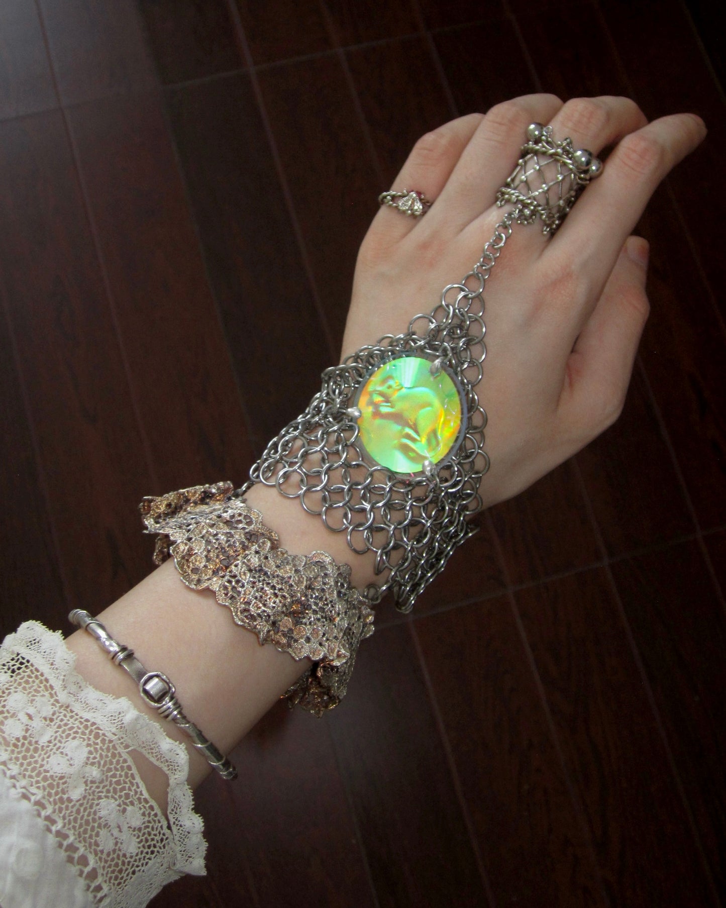Chainmail Hand Harness with 3D Holographic Mouse Cameo and Lace Cuff