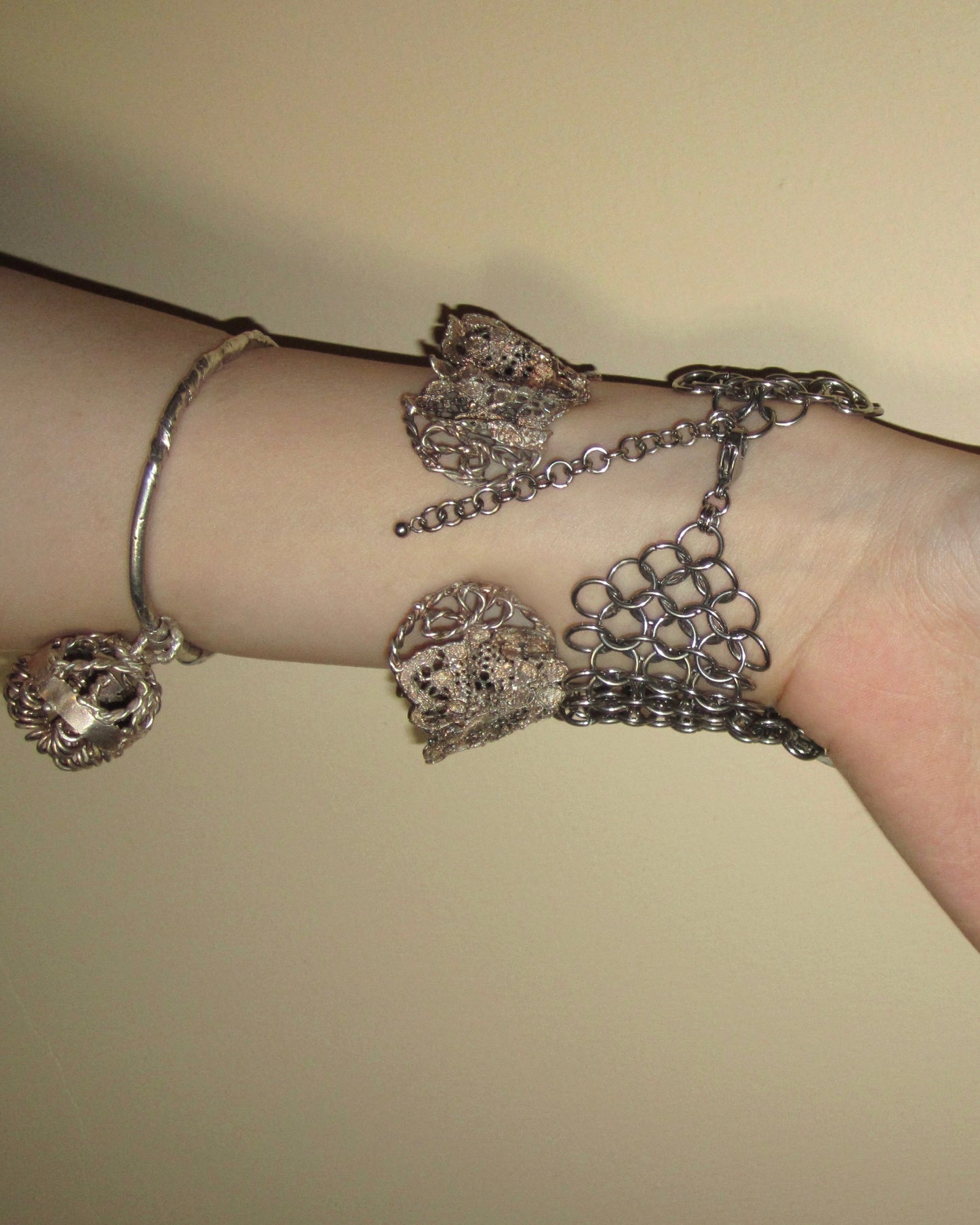 Chainmail Hand Harness with 3D Holographic Mouse Cameo and Lace Cuff