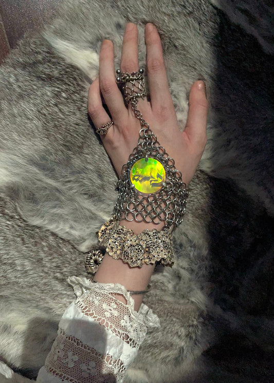 Chainmail Hand Harness with 3D Holographic Mouse Cameo and Lace Cuff