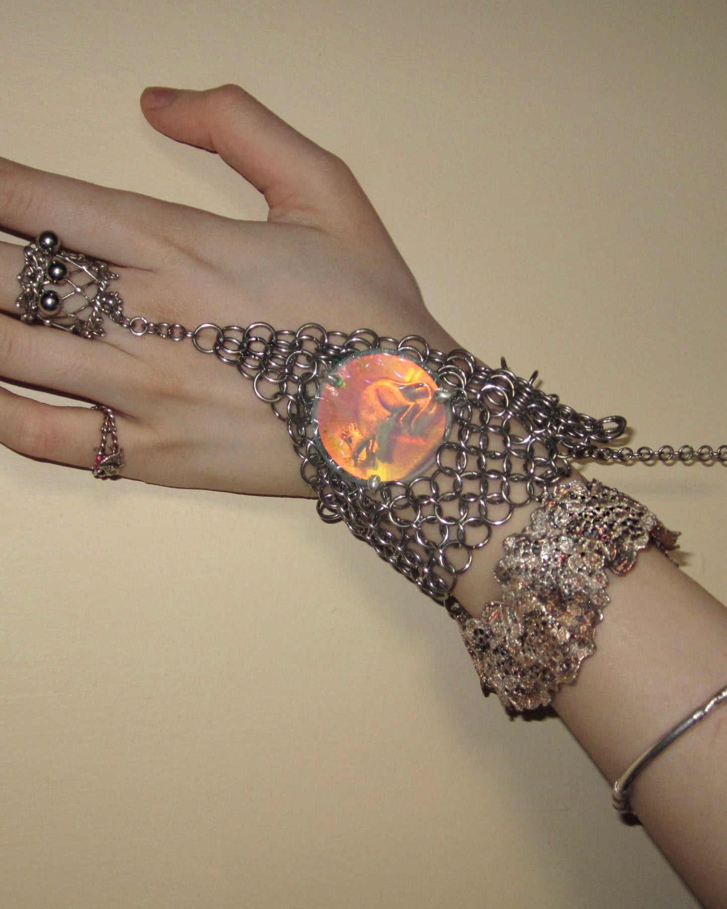 Chainmail Hand Harness with 3D Holographic Mouse Cameo and Lace Cuff